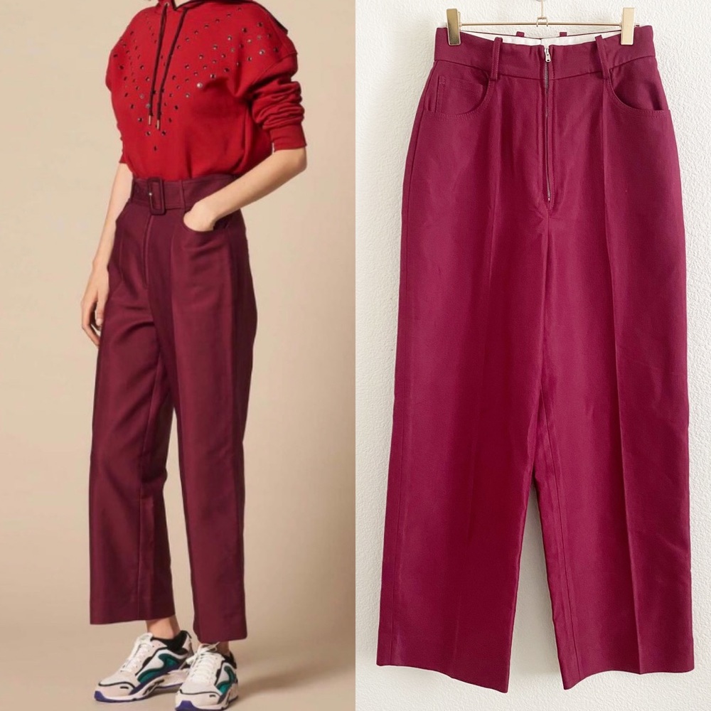 Sandro Aloes High Rise Wide Leg Cotton Blend Twill Trousers Burgundy XS